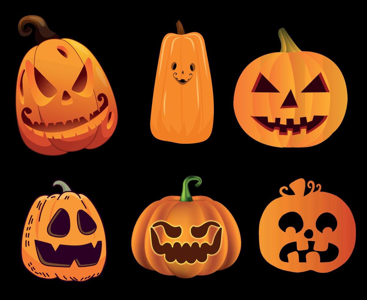 abóbora objetos de halloween sinais símbolos ilustração vetorial abstrato com fundo preto vetor