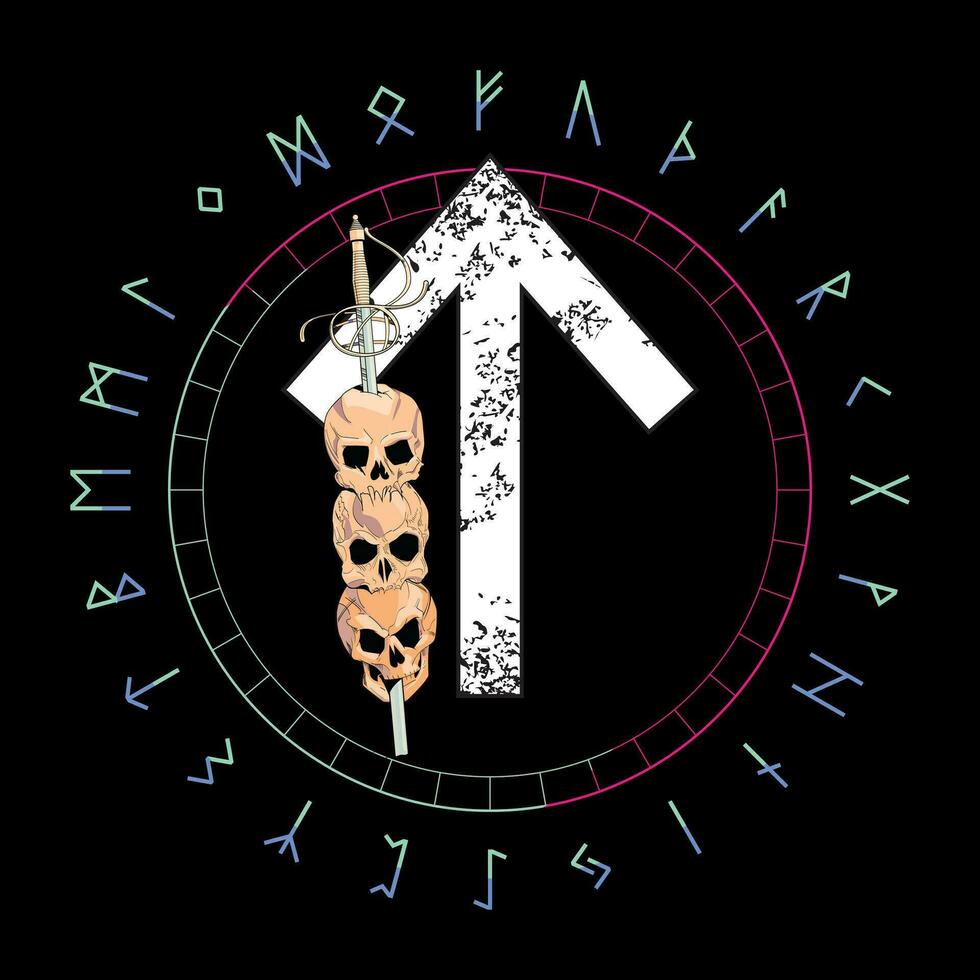 camiseta Projeto do a rúnico carta chamado tiwaz ao longo com crânios espetado de uma espada. antigo alfabeto dentro circular forma. vetor