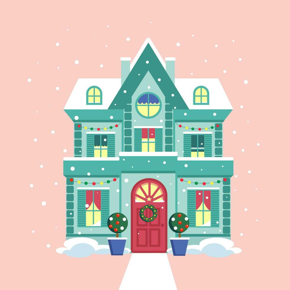 fofa Natal casa dentro a neve dentro pastel cores. vetor ilustração