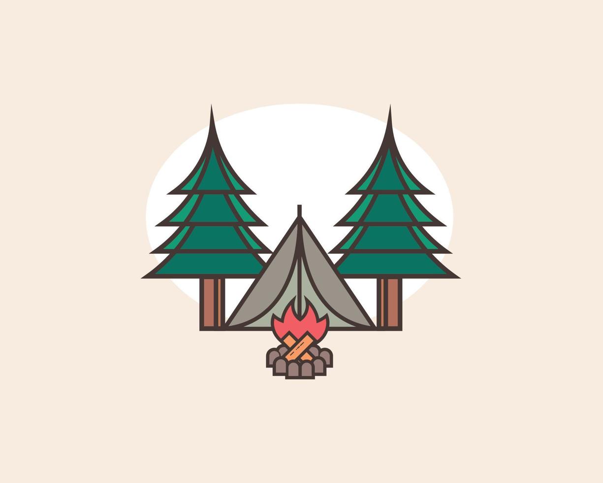 vetor de acampamento, barraca com fogueira e árvores.
