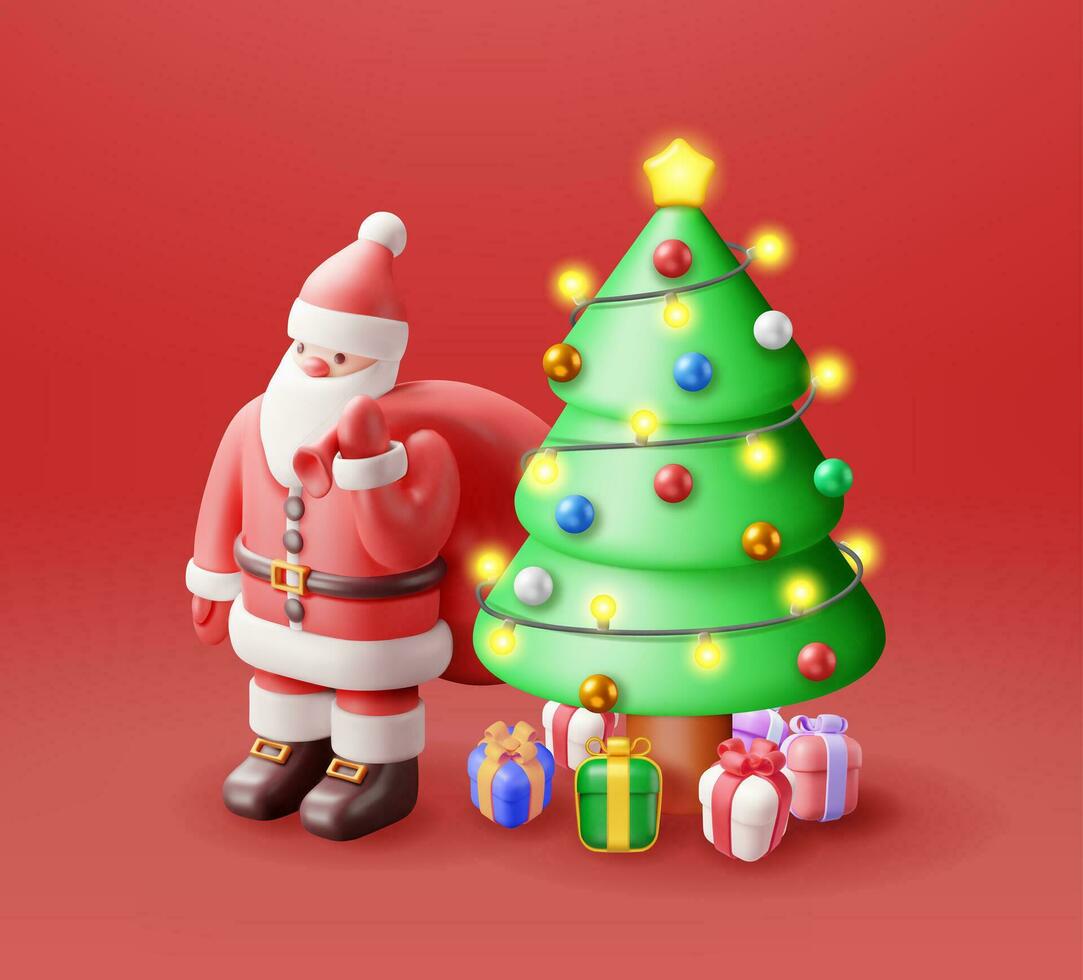 3d santa claus com presente saco e Natal árvore. render feliz Novo ano decoração. alegre Natal feriado. Novo ano e natal celebração. realista vetor ilustração