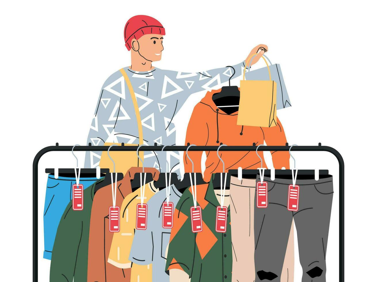 homem perto prateleira com roupas. masculino roupas em cabide. casa ou fazer compras guarda-roupa. roupas e acessórios. vários suspensão roupas. jaqueta, camisa, jeans, calça. desenho animado plano vetor ilustração