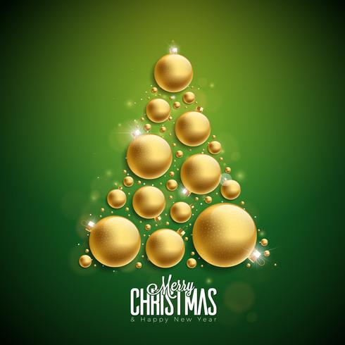 Vector feliz Natal e feliz ano novo ilustração com ouro ornamentais bolas de vidro sobre fundo verde. Design de férias para cartão, cartaz, Banner.