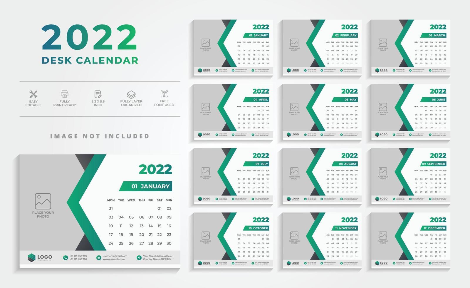 modelo de design de calendário de parede verde limpo 2022 vetor