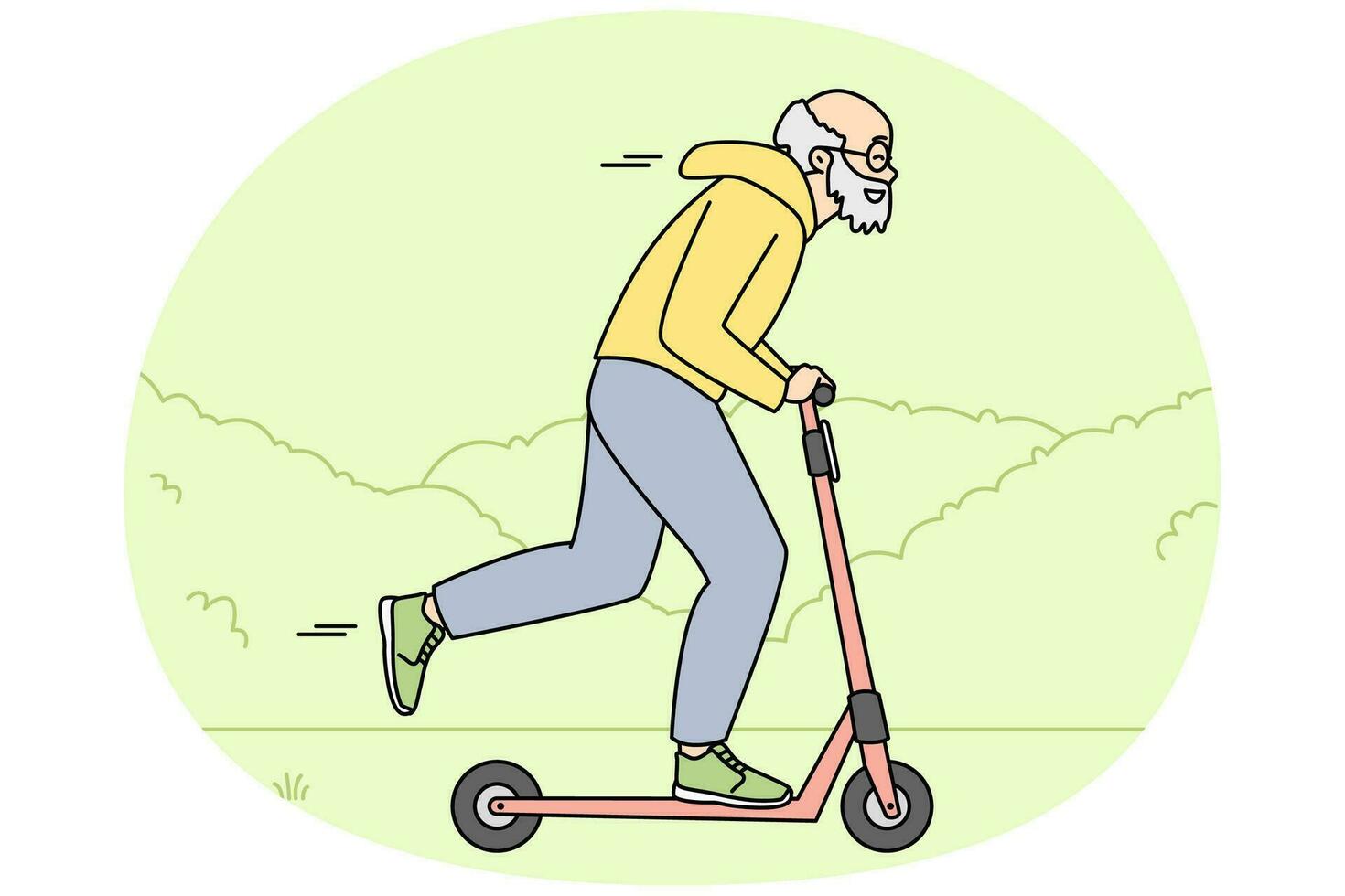 feliz idoso enérgico andando de scooter ao ar livre. sorrindo ativo velho avô divirta-se dirigindo na motoneta. maturidade. ilustração vetorial. vetor