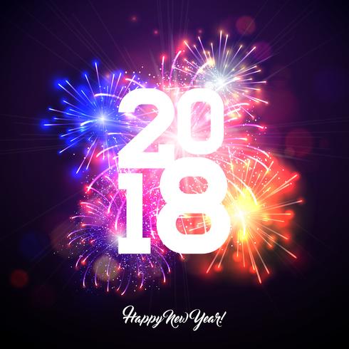 Ilustração do ano novo feliz 2018 com fogo de artifício e número branco no fundo azul brilhante. Vector Holiday Design para Premium Greeting Card, convite para festa ou Promo Banner.