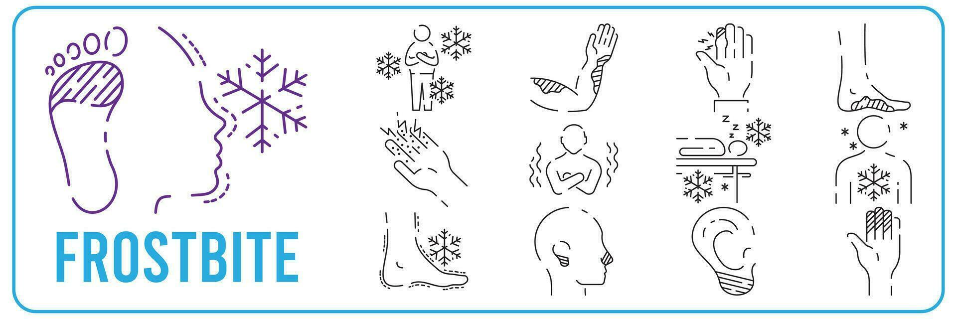 Queimadura por frio. sintomas, linha ícones definir. vetor sinais para rede gráficos.