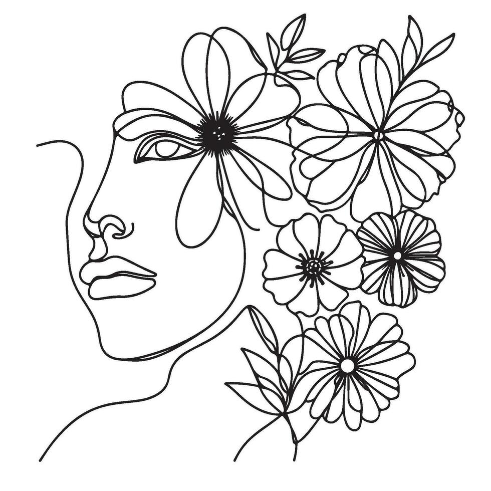 minimalista linha arte do uma mulher face com flores vetor