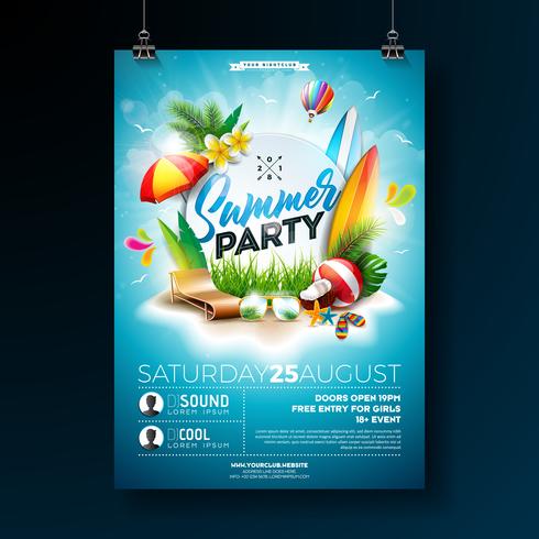 Vector verão praia festa Flyer Design com elementos tipográficos em fundo azul céu nublado. Natureza verão elementos florais, plantas tropicais, flor, bola de praia, prancha de surf e guarda-sol