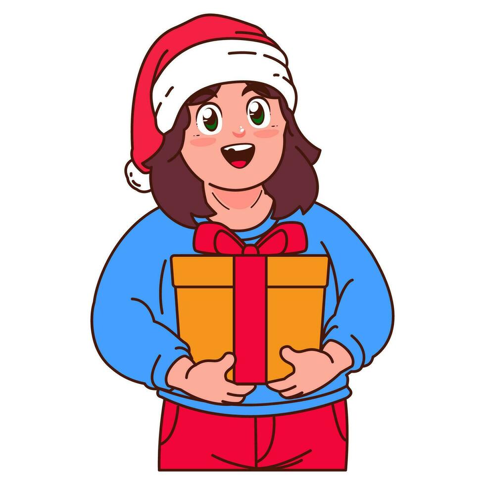 uma menina dentro uma santa chapéu segurando uma Natal presente vetor