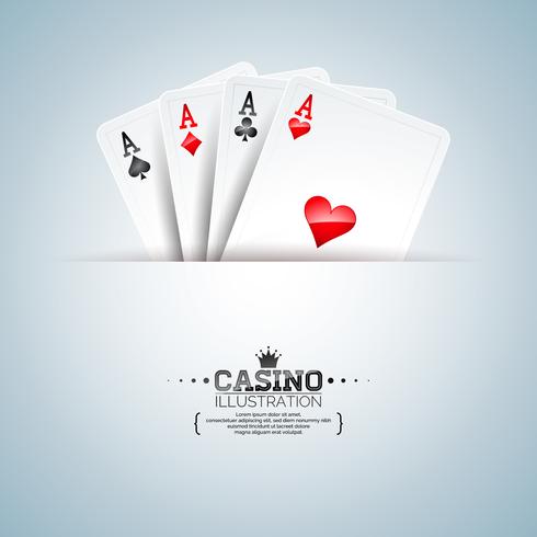 Vector a ilustração em um tema do casino com os cartões do pôquer no fundo limpo. Design de jogo para cartaz, cartão, convite ou promo banner.