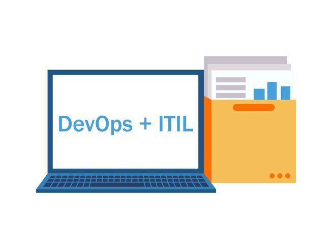 DevOps plus ITIL Laptop com documentos e gráficos vetor