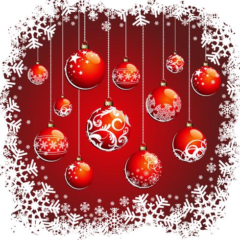 Ilustração de Natal com bolas vermelhas e flocos de neve vetor