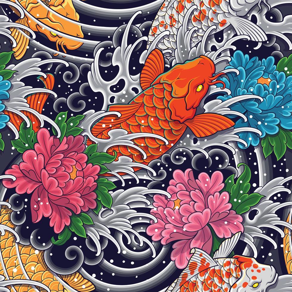 padrão sem emenda de peixe koi, padrão de koi japonês com ondas e flores vetor