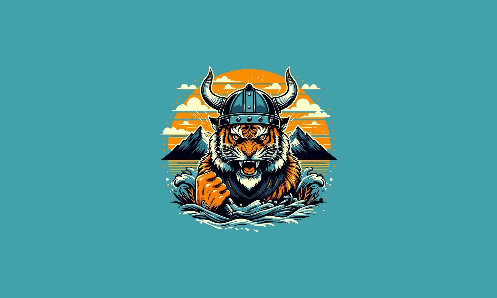 cabeça tigre vestindo viking chapéu em montanha vetor plano Projeto