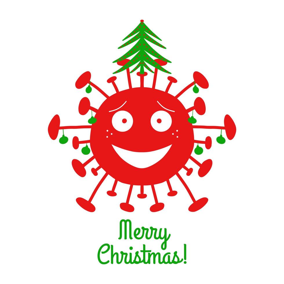 Feliz Natal. bactéria do coronavirus vermelho dos desenhos animados com bolas verdes de Natal e o abeto no topo. Isolado em um fundo branco. ilustração das ações do vetor. vetor