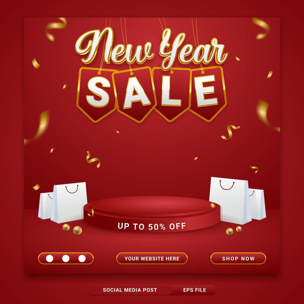 modelo de banner de mídia social para promoção de venda de ano novo com sacola de compras em fundo vermelho vetor