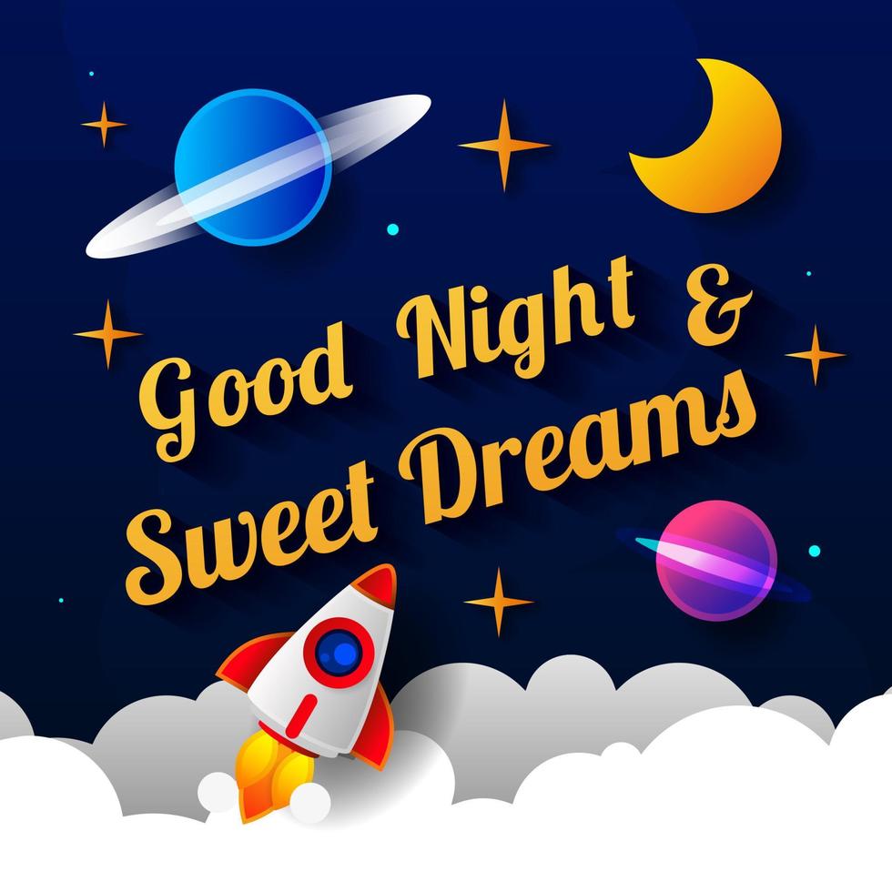 ilustração em vetor de desejar boa noite no fundo do céu roxo escuro com a lua. design de arte para web, site, publicidade, banner, cartaz, folheto, brochura, quadro, cartão