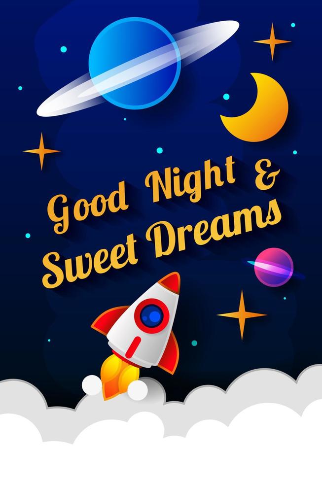 ilustração em vetor de desejar boa noite no fundo do céu azul escuro com a lua. design de arte para web, site, publicidade, banner, cartaz, folheto, brochura, quadro, cartão