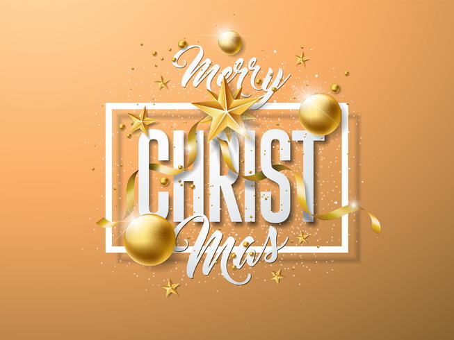 Ilustração do Feliz Natal do vetor com a bola de vidro do ouro, estrela de papel do entalhe e elementos da tipografia na luz - fundo marrom. Design de Férias