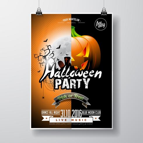 Vector Halloween Party Flyer Design com elementos tipográficos e abóbora em fundo laranja.