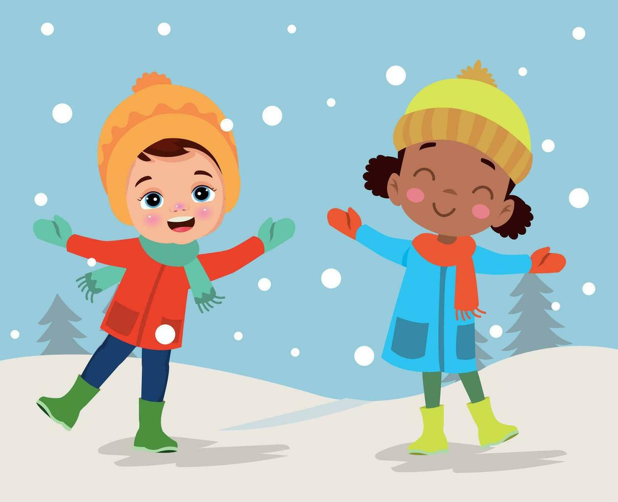 crianças fazer bonecos de neve jogando ao ar livre dentro inverno vetor