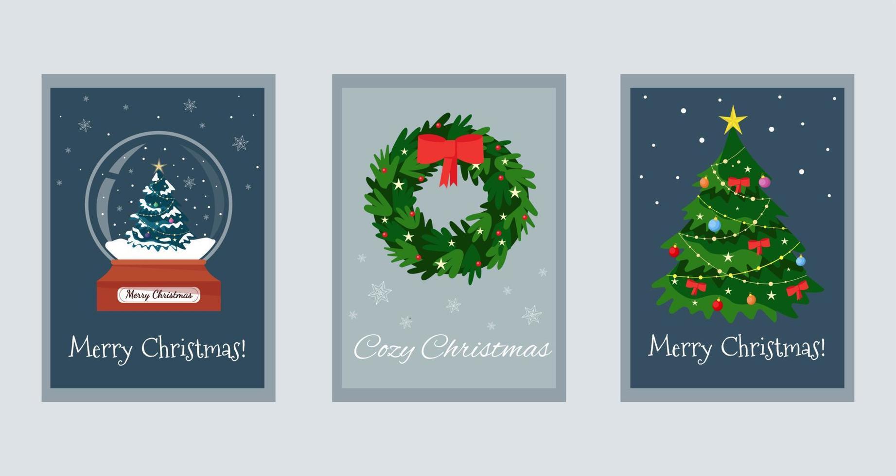 Feliz Natal conjunto de cartões com uma linda guirlanda de Natal, cervos e meias vetor