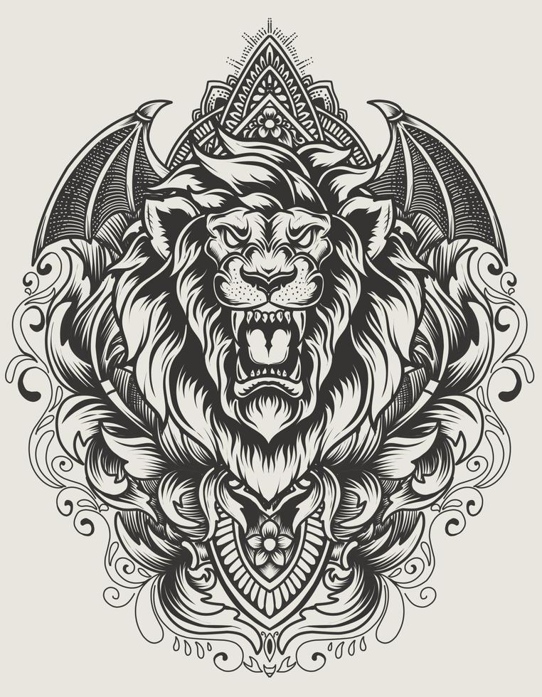 ilustração vetorial cabeça de leão com ornamento de gravura vintage vetor