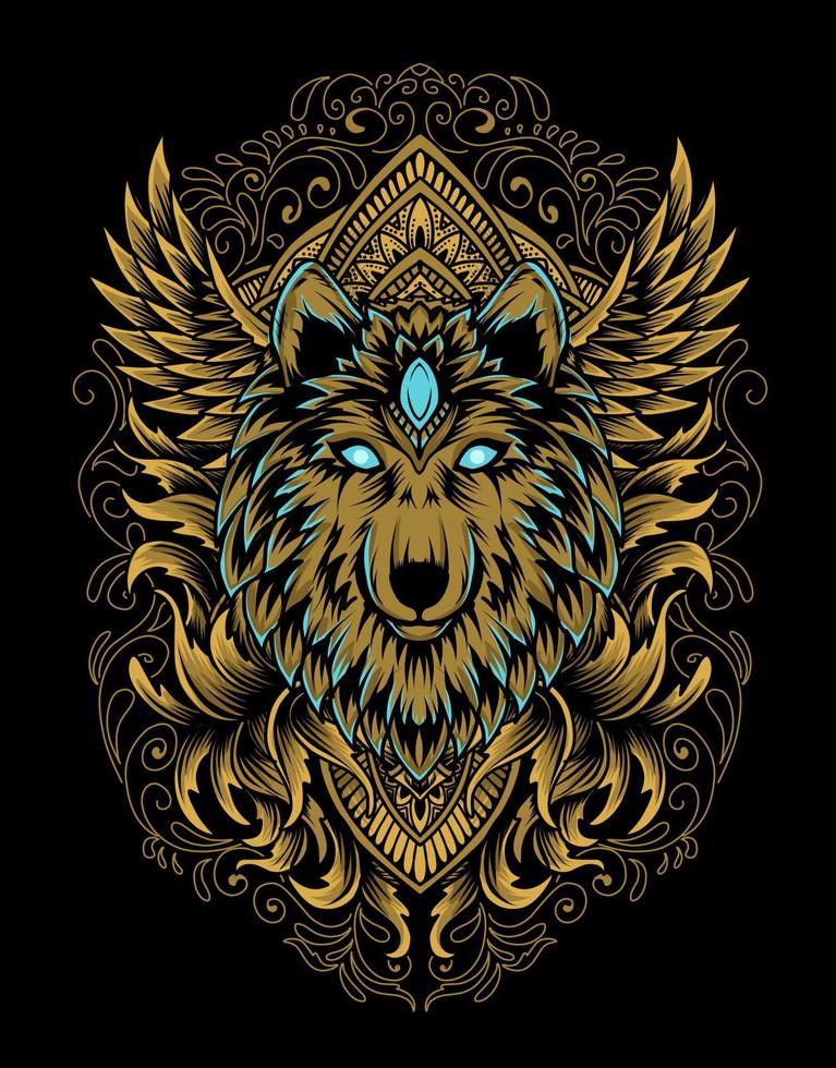 ilustração de cabeça de lobo com estilo vintage ornamentado vetor