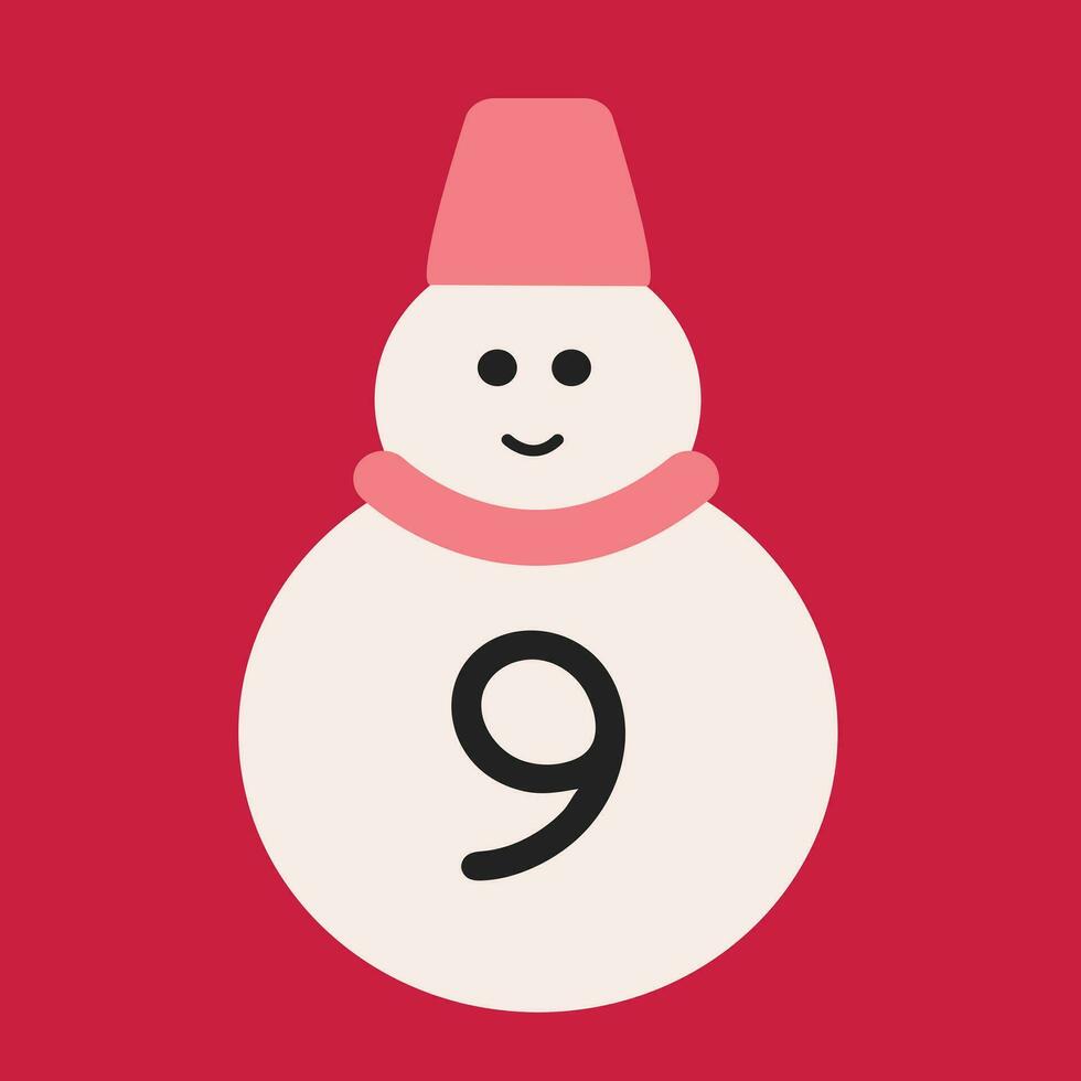 Natal advento calendário dentro a estilo do minimalismo, plano deitar. dia 9 com uma boneco de neve em uma Rosa fundo vetor