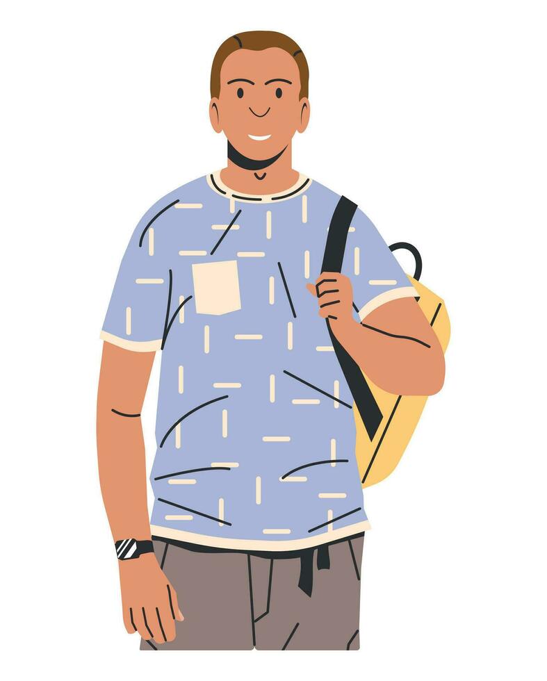 branco esfolado homem dentro camiseta com imprimir, carga calça. jovem homem dentro na moda rua roupas. masculino personagem dentro à moda casual olhar. elegante cara com mochila. plano vetor ilustração