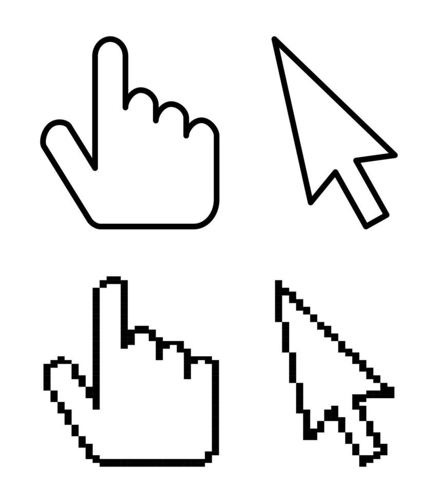 rato cursor ícones isolado. mão com dedo e seta ponteiro. pixel e linha Projeto para computador, rede, formulários. pixelizada e regular estilo, Preto e branco cor. vetor ilustração