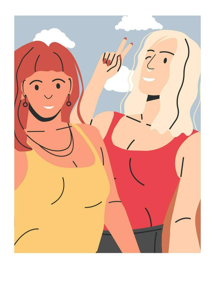 casal do à moda mulher levando selfie junto. amigas ou lésbica casal dentro na moda casual roupas. meninas usando Smartphone para levar selfie. à moda fêmea personagens. plano vetor ilustração