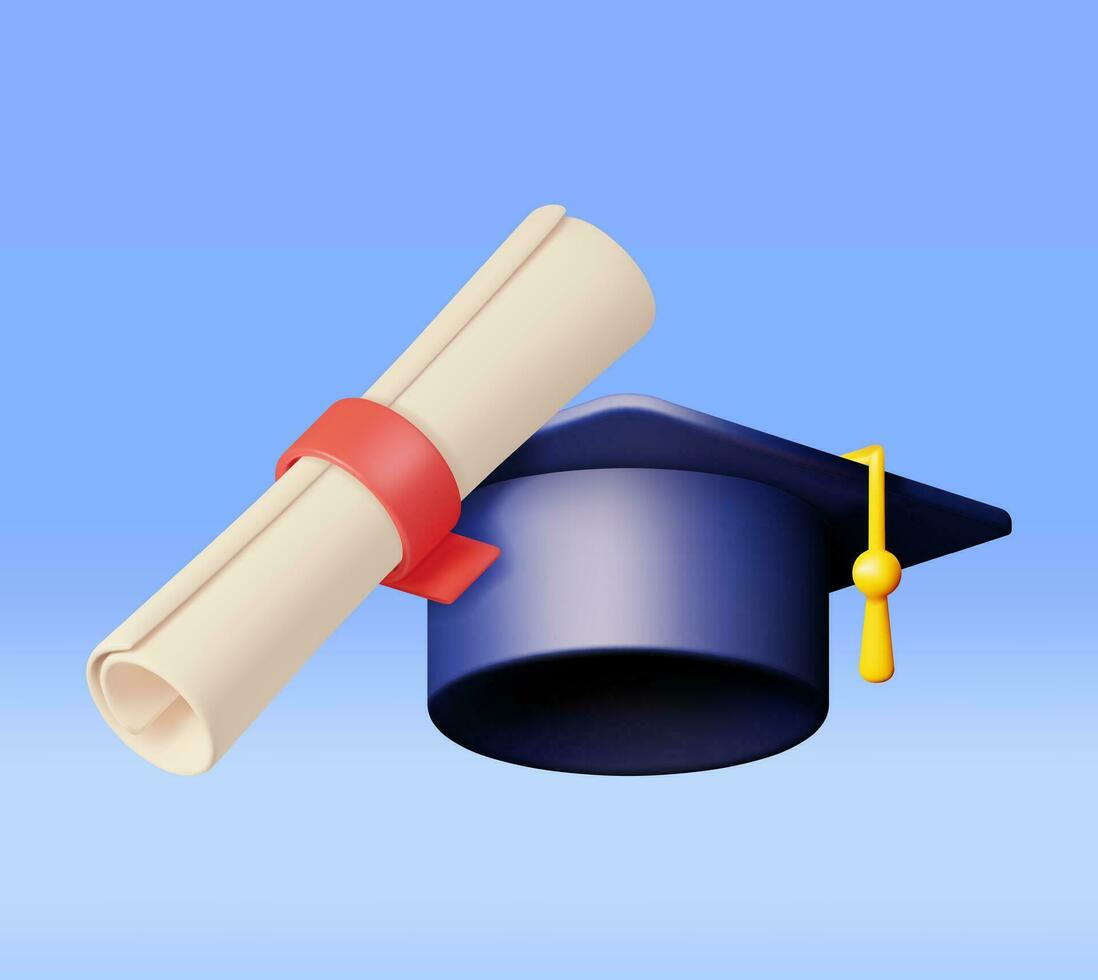 3d certificado com carimbo e graduação boné. render branco diploma com crachá e Educação chapéu. diploma ou credenciamento. objetivo e conquista. o negócio graduação conceito. vetor ilustração