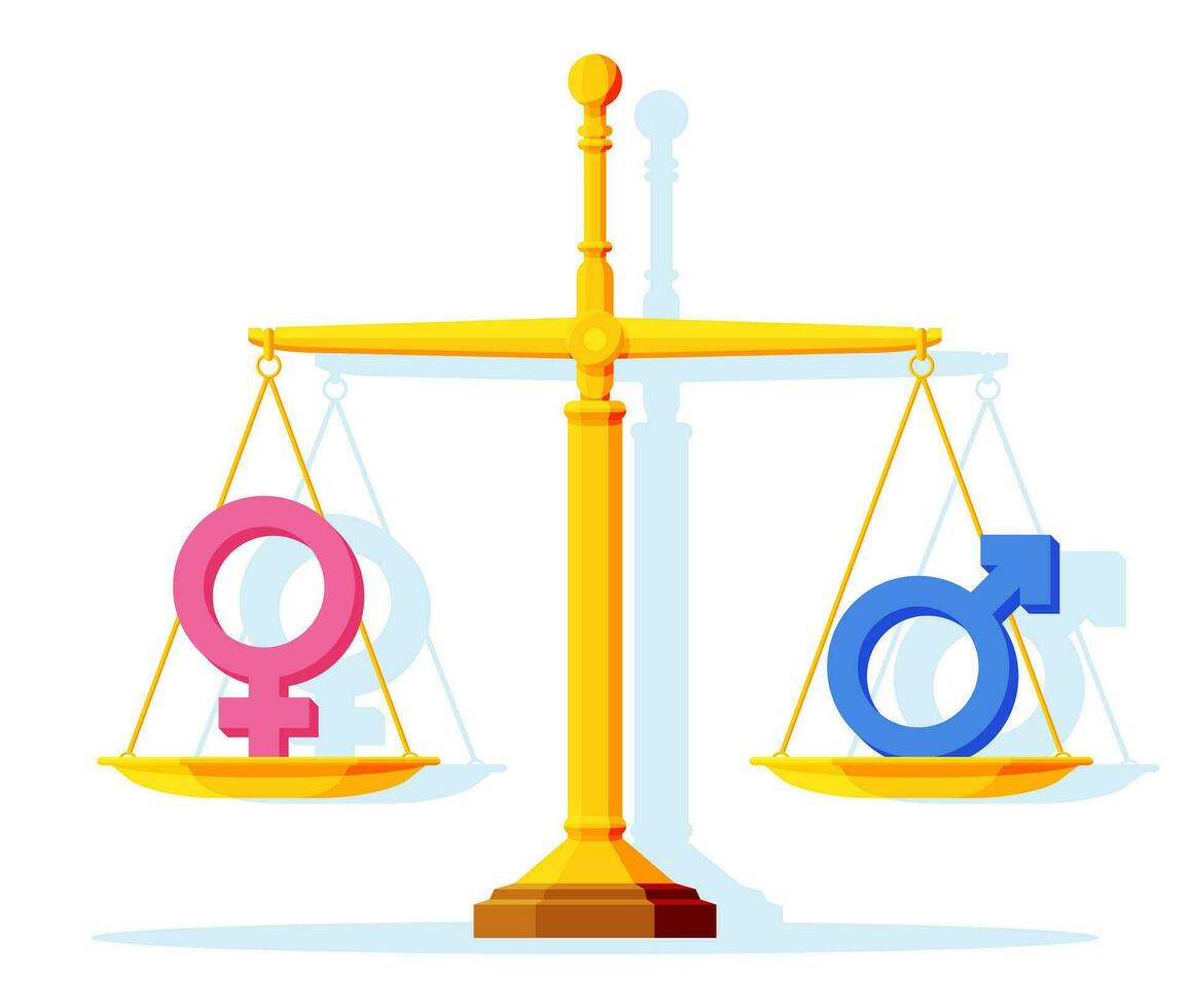 Rosa e azul gênero símbolo equilibrado em peso. gênero e sexual igualdade conceito. masculino e fêmea sexo símbolo em escalas. neutralidade entre pessoas. plano vetor ilustração