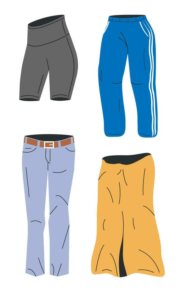 fêmea jeans modelos coleção. conjunto do mulher jeans calça, saia, calça, corredores e shorts. casual na moda roupas para mulher. magro queimado, esporte e clássico jeans. desenho animado plano vetor ilustração