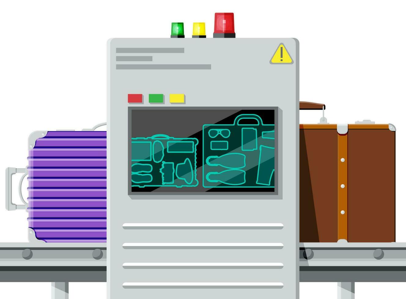 aeroporto segurança scanner ícone. transportador cinto com passageiro bagagem. Bagagem carrossel Varredura isolado em branco. pacote raio X Bagagem. segurança, logístico e Entrega. desenho animado plano vetor ilustração