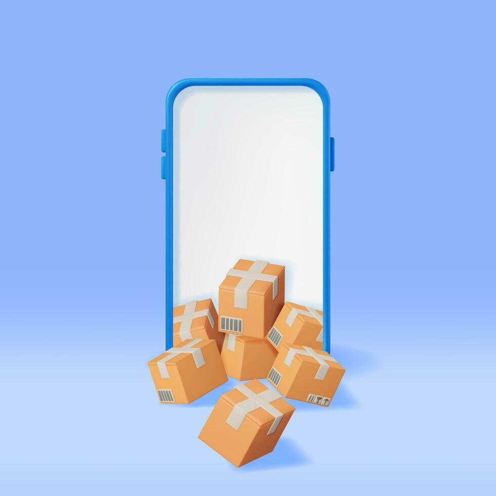 3d cartão embalagem caixa dentro Smartphone isolado. render cartão pacote com cobrir. postal sinais do frágil. cartão Entrega embalagem. transporte e logística. vetor ilustração