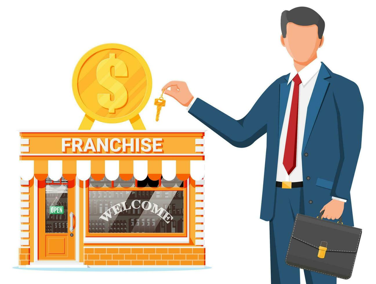 franquia o negócio para oferta. franchising fazer compras construção ou comercial propriedade. real Estado o negócio promocional, sme comece financiamento colaborativo. vendendo comprando Novo negócios. plano vetor ilustração