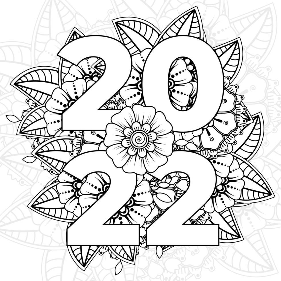 modelo de banner ou cartão de feliz ano novo 2022 com flor mehndi vetor