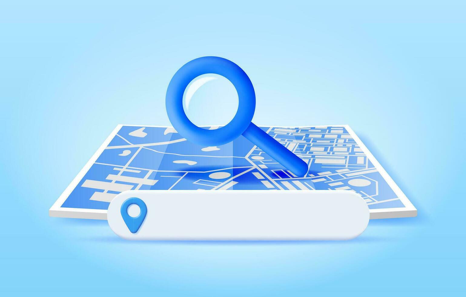 3d localização guardada papel mapa, procurar Barra e PIN isolado. azul GPS ponteiro marcador ícone. GPS e navegação símbolo. elemento para mapa, social meios de comunicação, Móvel aplicativos. realista vetor ilustração