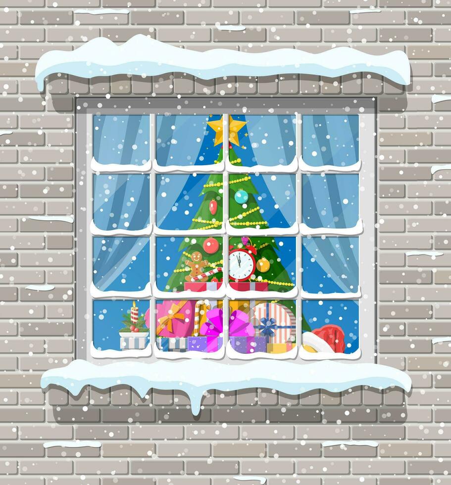 Natal janela dentro tijolo muro. vivo quarto com abeto árvore e presentes. feliz Novo ano decoração. alegre Natal feriado. Novo ano e natal celebração. vetor ilustração plano estilo