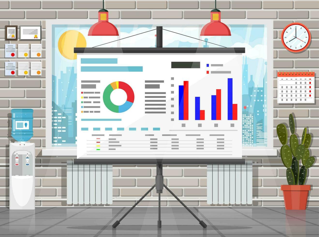 escritório construção interior. projetor tela, lâmpada. janela com paisagem urbana. moderno o negócio área de trabalho. árvore, relógios, calendário água resfriador. moderno o negócio ambiente de trabalho. plano vetor ilustração