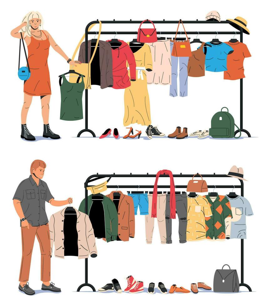 roupas e acessórios suspensão em cabide. casa ou fazer compras guarda-roupa. roupas e acessórios. vários suspensão roupas. jaqueta, camisa, jeans, calça, bolsas, sapatos e chapéus. desenho animado plano vetor ilustração