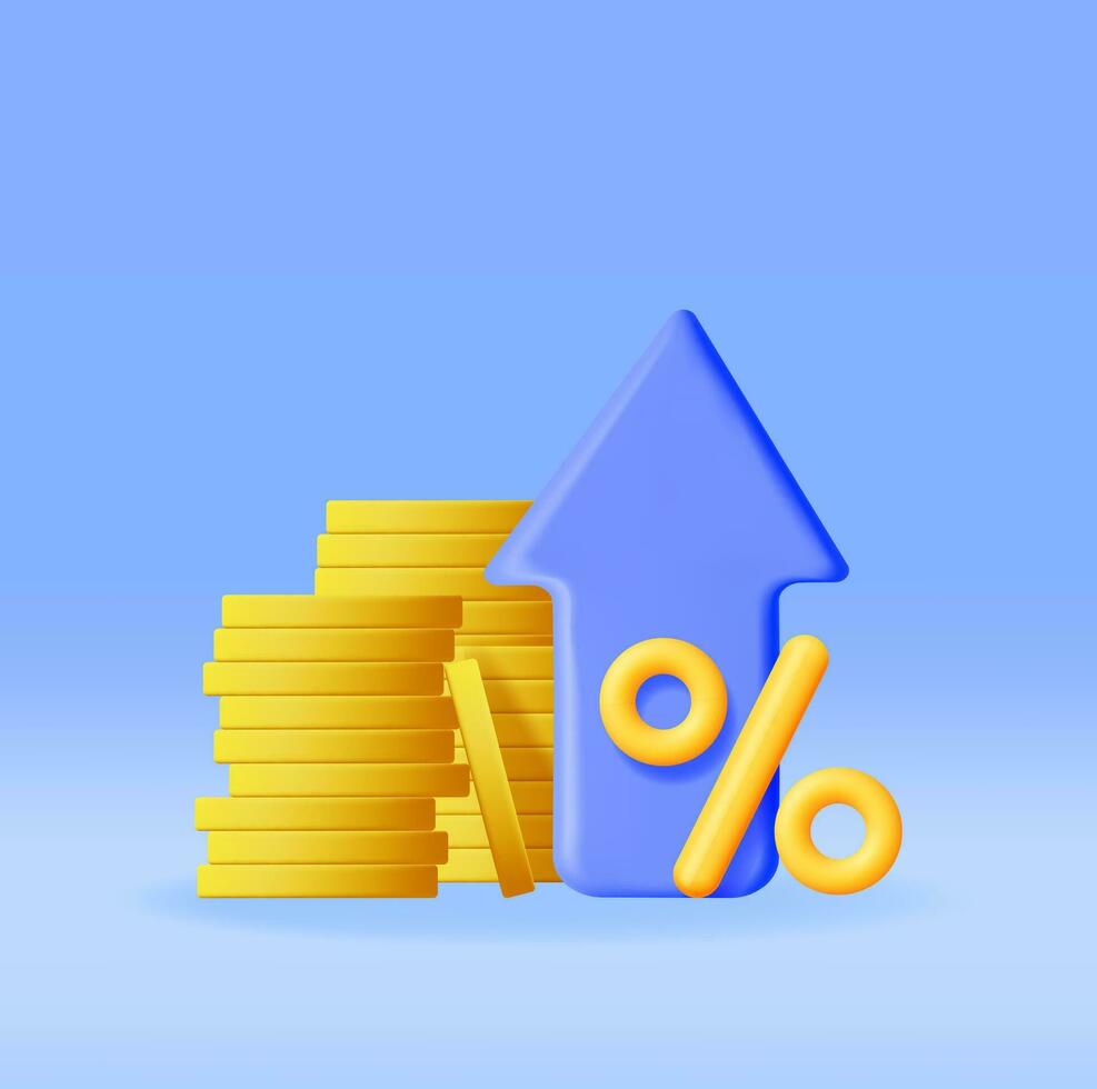 3d crescimento estoque gráfico seta com dourado moedas. render estoque seta com dinheiro e percentagem símbolo. financeiro item, o negócio investimento financeiro mercado troca. dinheiro e bancário. vetor ilustração