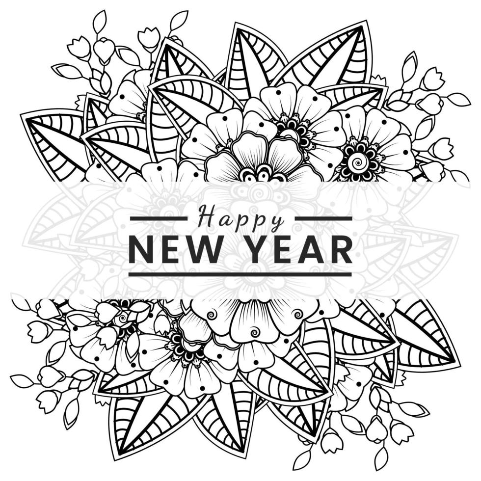 modelo de banner ou cartão de feliz ano novo com flor mehndi vetor