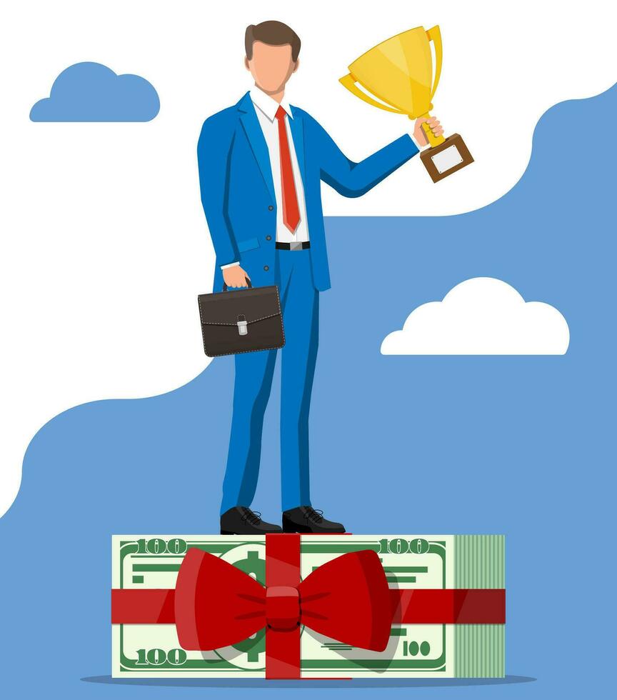 bem sucedido homem de negocios com dólar agrupar segurando troféu, comemora dele vitória. o negócio sucesso, triunfo, objetivo ou conquista. ganhando do concorrência. vetor ilustração plano estilo