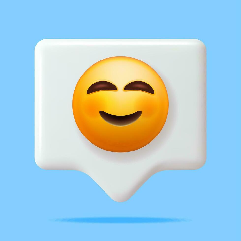 3d amarelo feliz emoticon rubor com sorridente olhos em discurso bolha. render levemente sorridente emoji. feliz face simples. comunicação, rede, social rede meios de comunicação, aplicativo botão. vetor ilustração