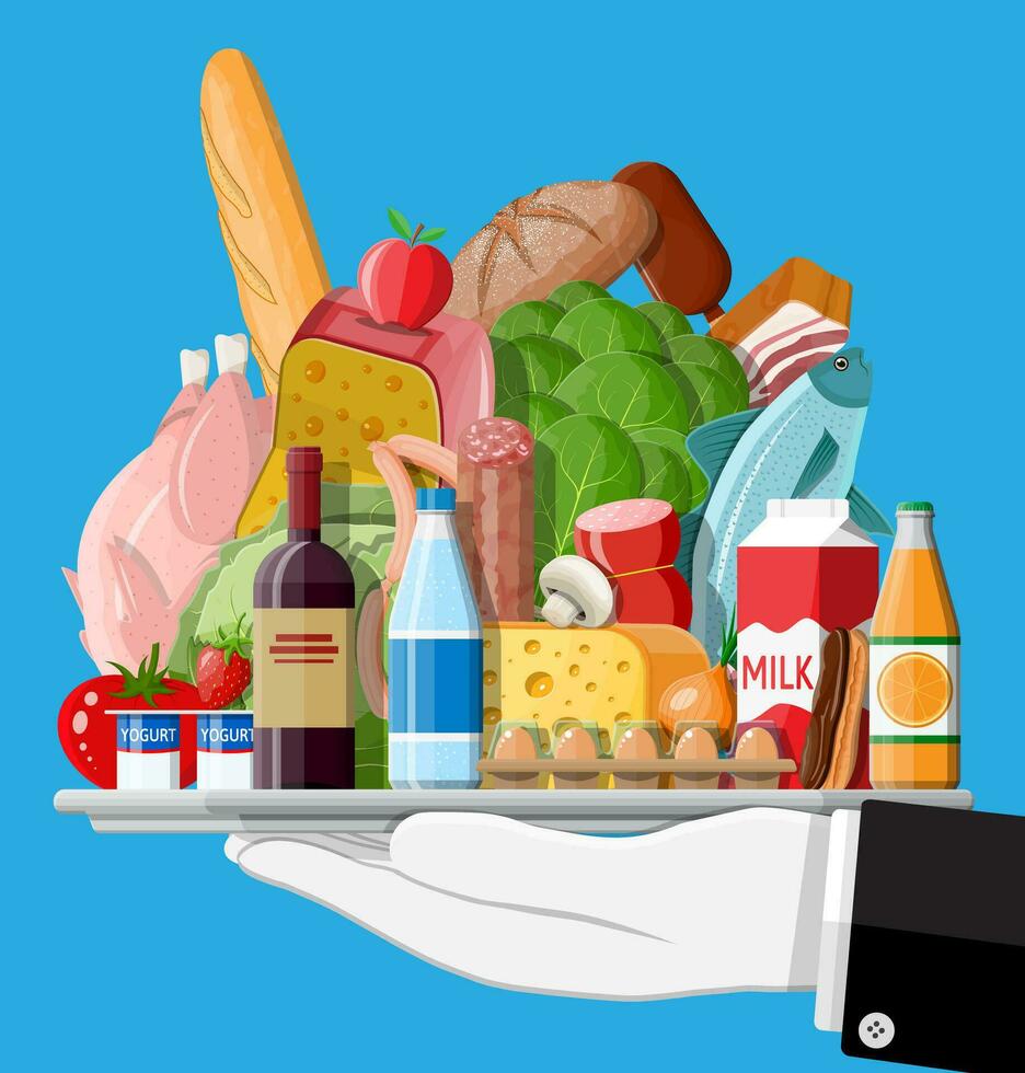 mercearias definir. mercearia loja coleção. supermercado. fresco orgânico Comida e bebidas. leite, vegetais, carne, frango queijo, salsichas, vinho frutas, peixe cereal suco. vetor ilustração plano estilo