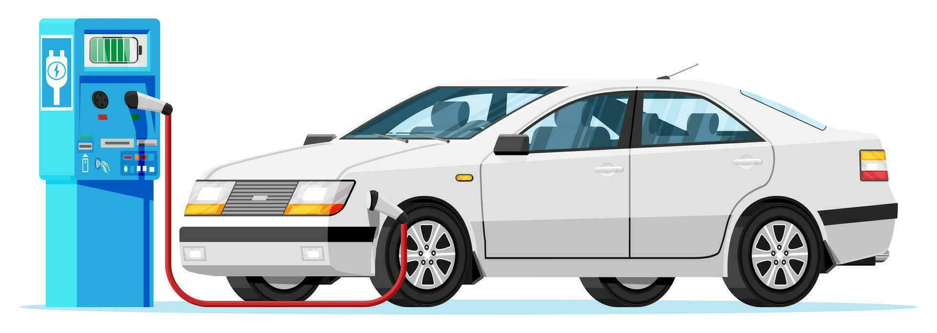 branco elétrico carro cobrando às carregador estação com plugue dentro cabo. elétrico sedan veículo e público poder estação. eletromobilidade velozes carregar carro. elétrico mobilidade conceito. plano vetor ilustração